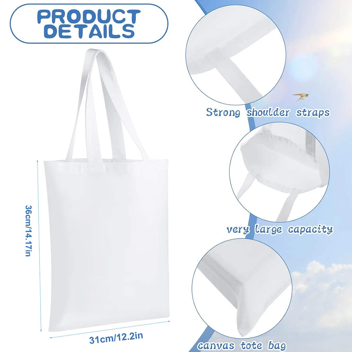 6pcs White Canvas Tote Bags, S - Tote Bag Sublimation incelemesi ve fiyatı